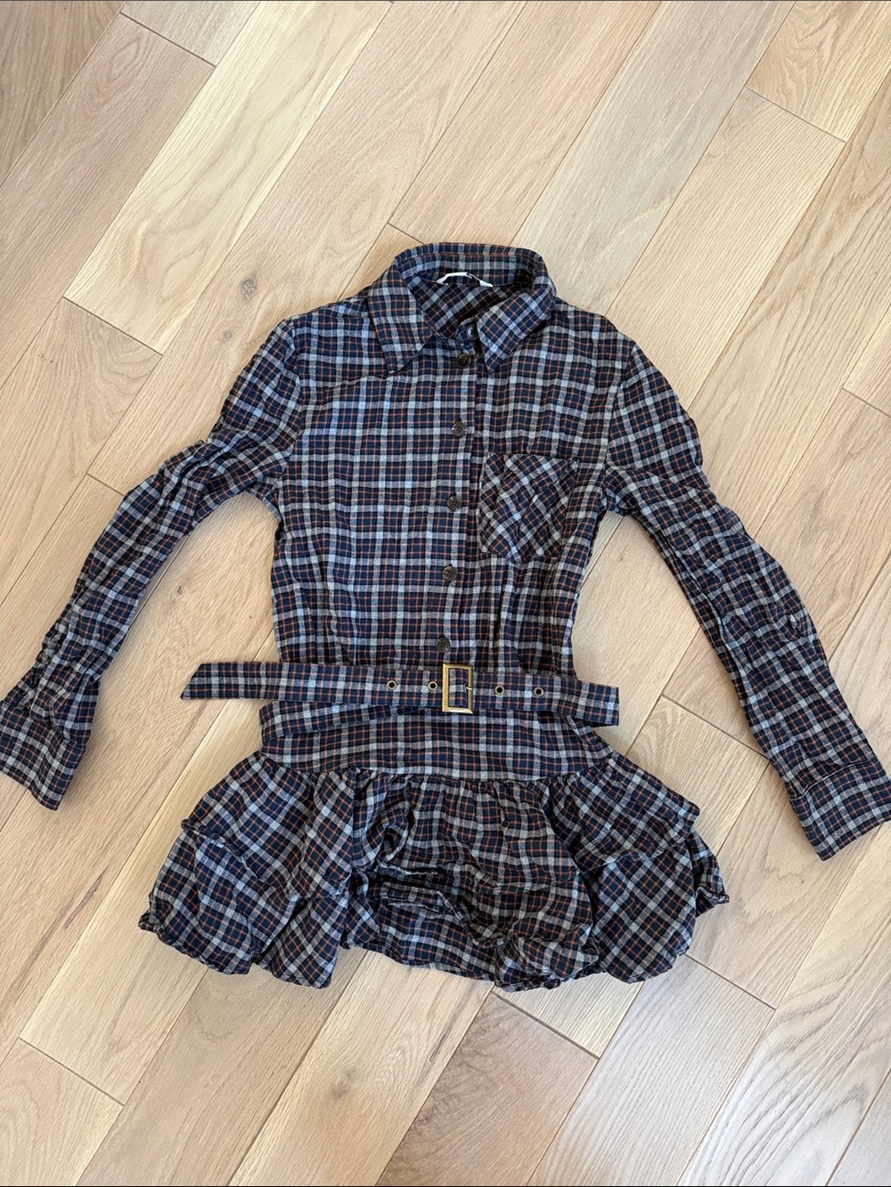 Plaid Button-Down Shirtdress with Belt - Brown/Blue
